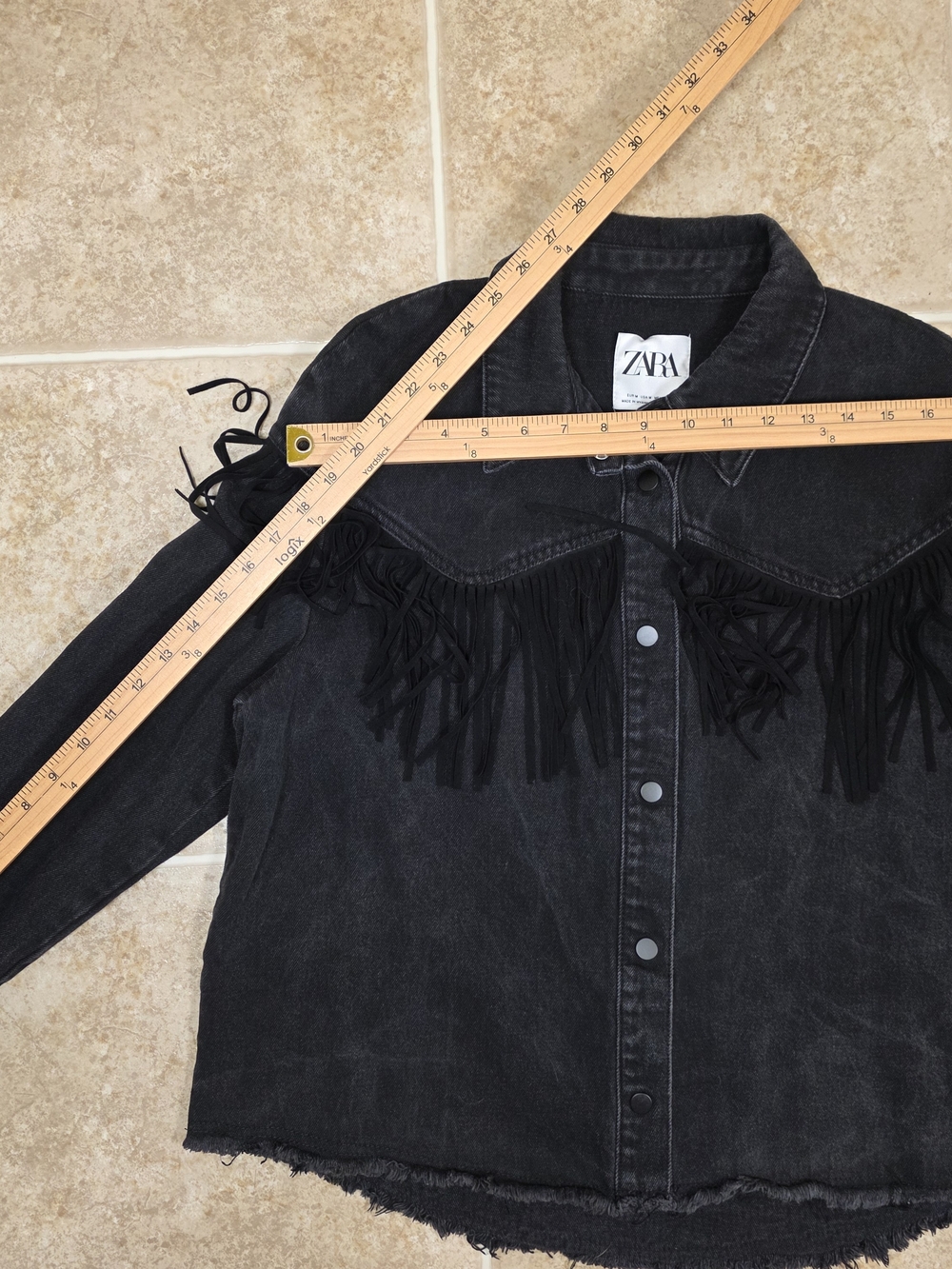 Zara Western Fringe Denim Jacket Medium Black Cowboycore Shacket - Picture 10 of 11